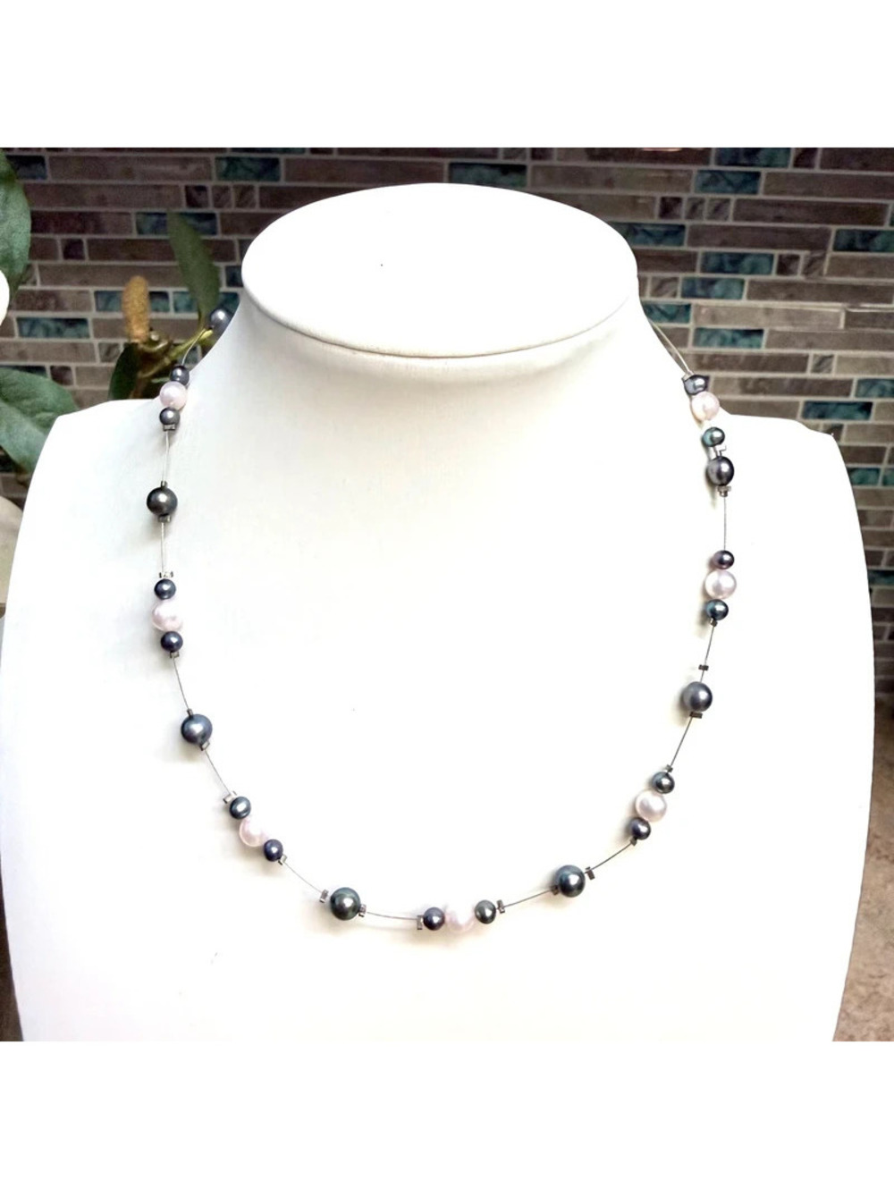Vintage Sterling Silver Floating Pearl Necklace Ombre Black White Gray 925